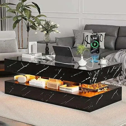 47" Modern LED Coffee Table with 2 Drawers, High Glossy Double-Layer Center Table with Wireless Charging and Built-in Bluetooth