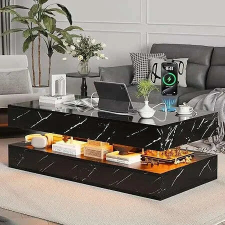 47" Modern LED Coffee Table with 2 Drawers, High Glossy Double-Layer Center Table with Wireless Charging and Built-in Bluetooth