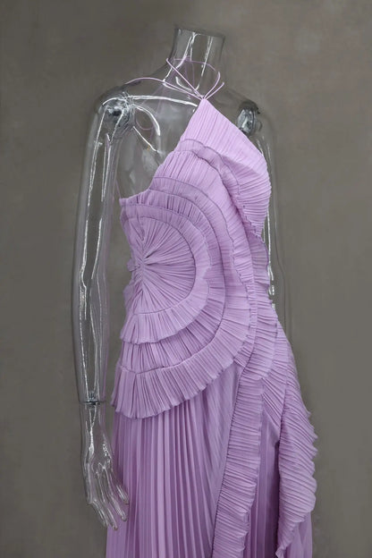 Chiffon Pleated Patchwork Sleeveless Summer Dress Women Elegant Halter Backless Split Maxi Dress Ladies Party Evening Dress 2025
