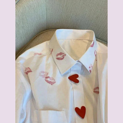 French Style Turn Down Collar Blouse Spring Print Heart Button White Long Sleeve Blusas Harajuku Unisex Loose Lip Shirt Women