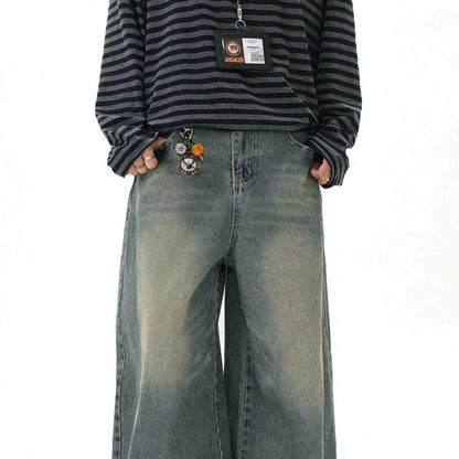Men's loose straight-leg wide-leg jeans, sea blue casual American street style pants, comfortable cut, suitable for daily wear i