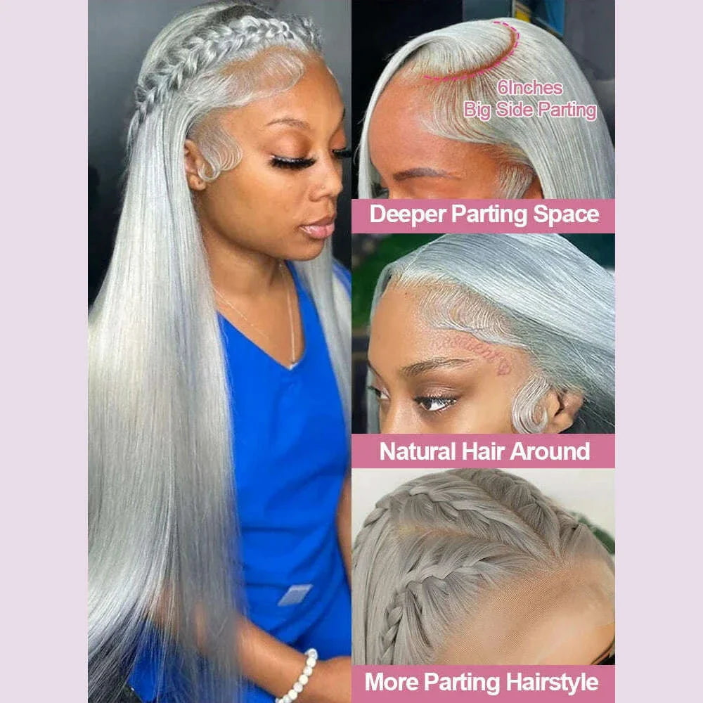 Silver Grey Straight Wigs Human Hair Vietnamese 220% Density 13x6 HD Lace Frontal Colored Wig 38 Pre Plucked With Baby Hairline