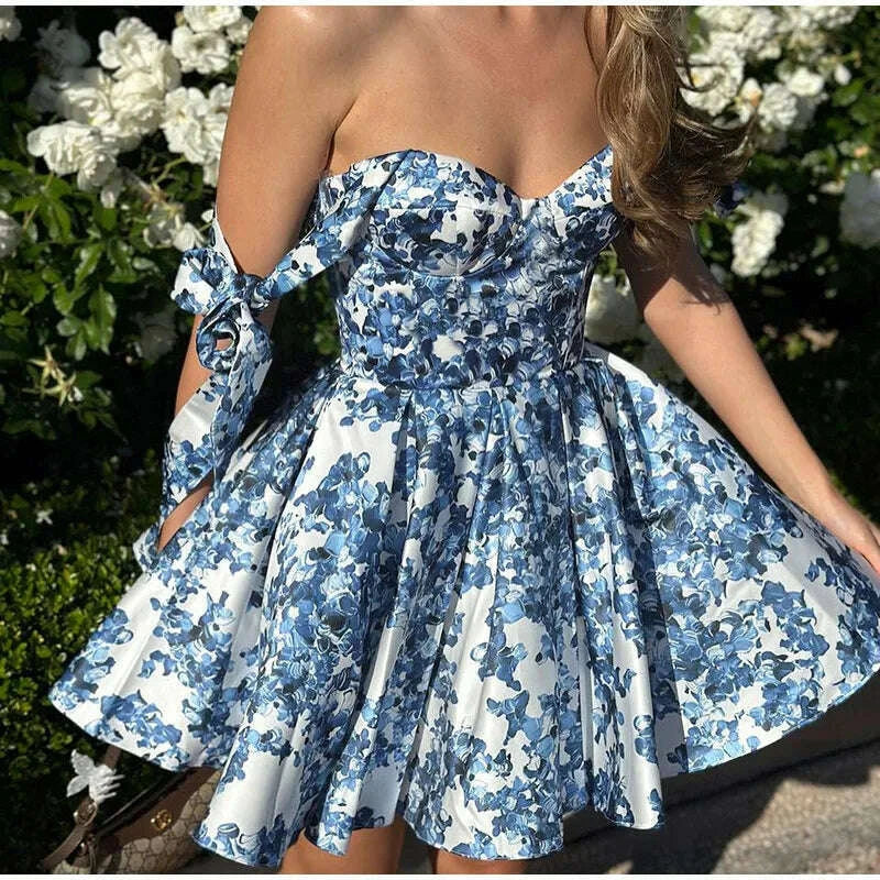 Vintage Blue Print Bow Lace-up Sling Dress For Women High Waist Pleated A-line Mini Dresses Summer New Vocation Lady Vestidos