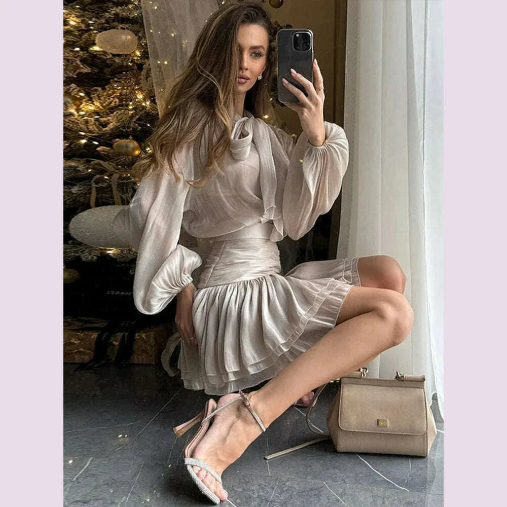 Bow Lace Up Top Pleated Short Skirt Two Piece Sets Casual Fashion Shirt Glitter Blouse High Waist Half Skirts Women's Clothing