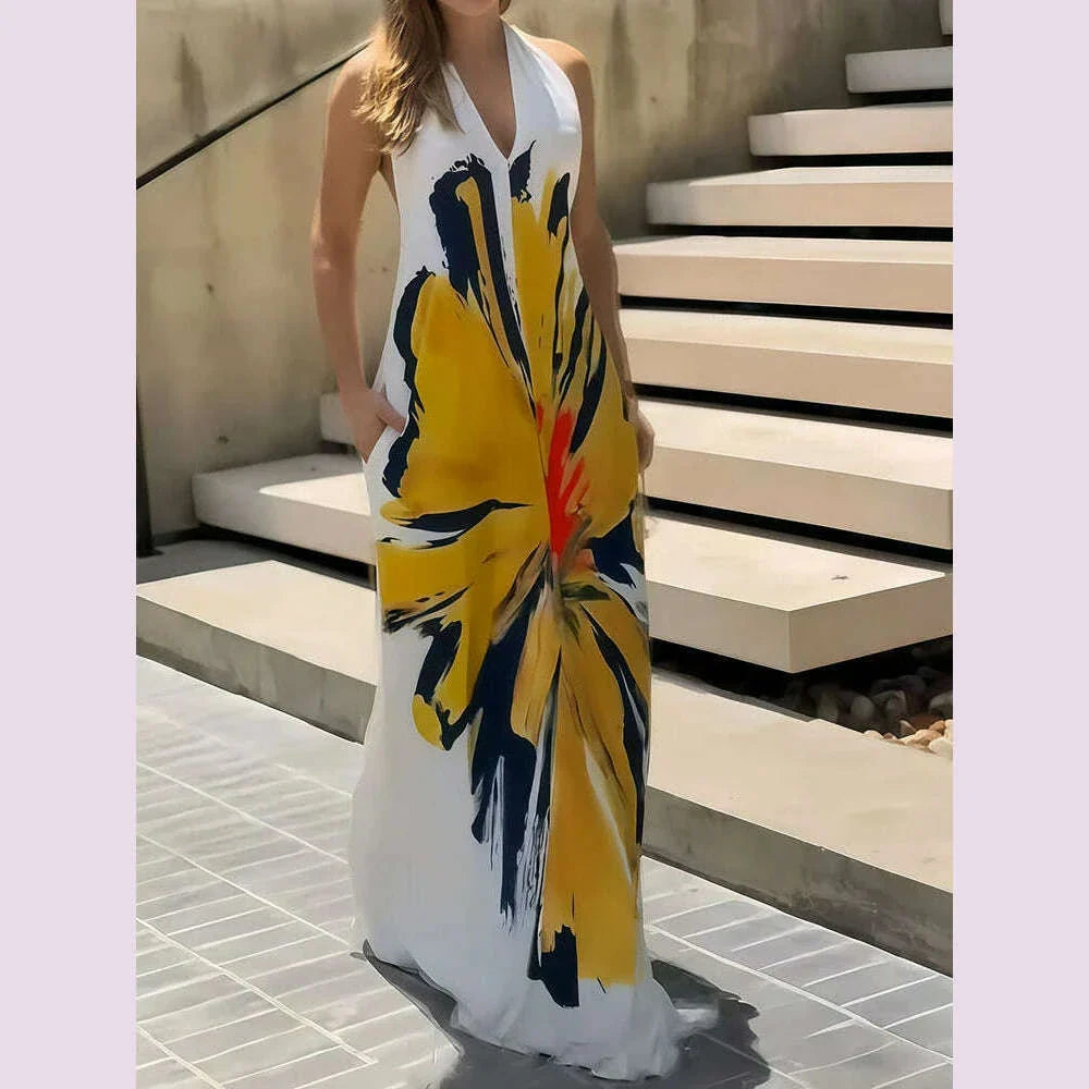 Printed Patchwork Loose Holiday Party Dress, Women Summer Fashion Sleeveless Chic Maxi Dress, 2025 Backless Elegant Ladies Dress