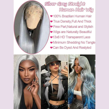 Silver Grey Straight Wigs Human Hair Vietnamese 220% Density 13x6 HD Lace Frontal Colored Wig 38 Pre Plucked With Baby Hairline
