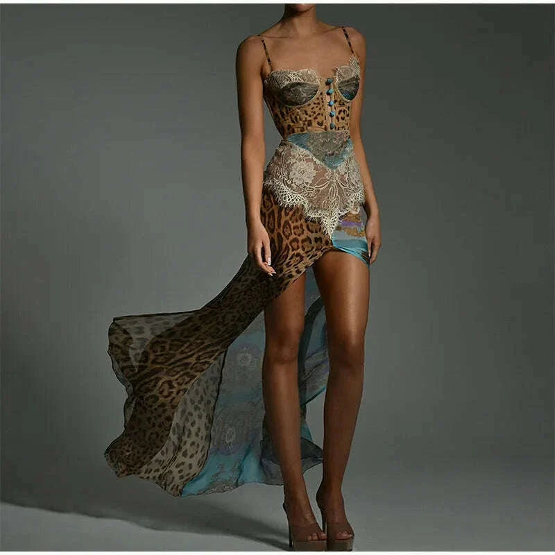 Summer Beach Leopard Print Dress Sexy Lace Split Patchwork Chiffon Dresses Women Elegant Sleeveless Backless Beach Evening Gowns
