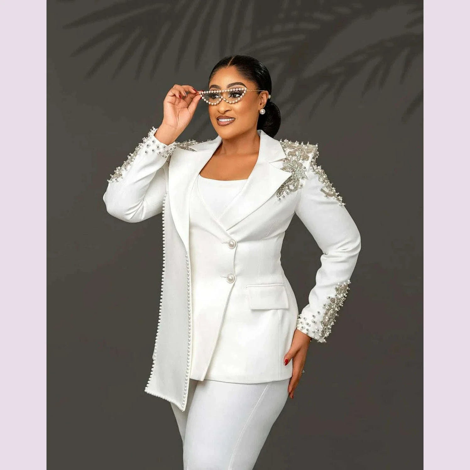 Customized Unique Design Beads Women Pants Suits White Wedding Blazer Jacket Guest Wear Slim Fit 2 Pieces