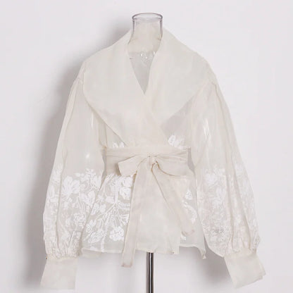 TWOTWINSTYLE Colorblock Patchwork Lace Up Shirts For Women V Neck Lantern Long Sleeve Temperament Blouses Female Fashion Style