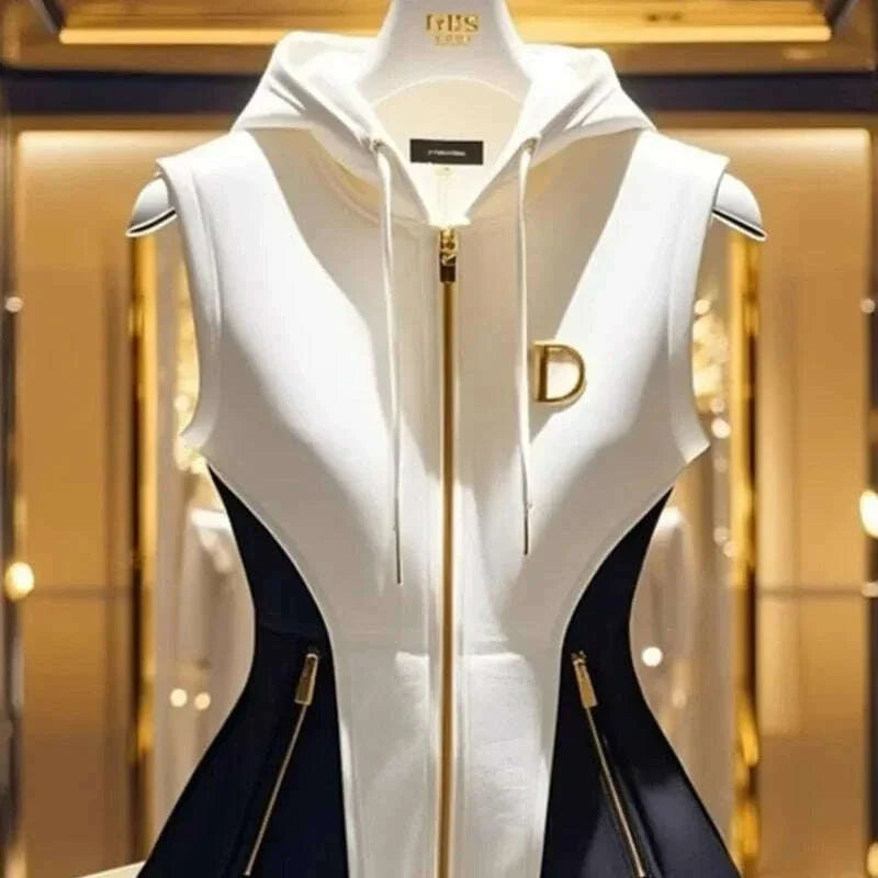 New Spring French Elegant High End Hooded Vest Coat Women Contrast Color Zipper Slim Jacket Temperament Ladies Causal Outwear