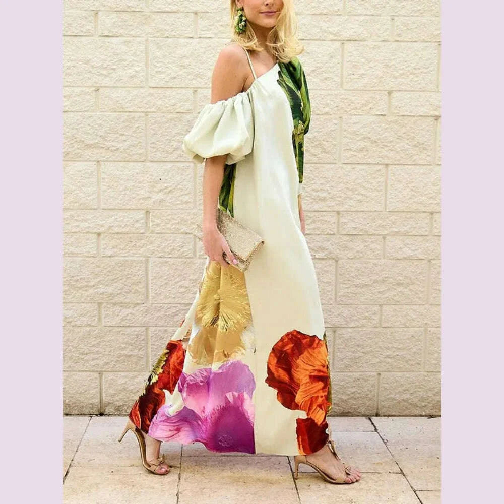 Yeezzi Women's Dress 2025 New Summer Floral Print One-shoulder Elegant Party Evening Maxi Dresses Fashion Vacation Beach Dress