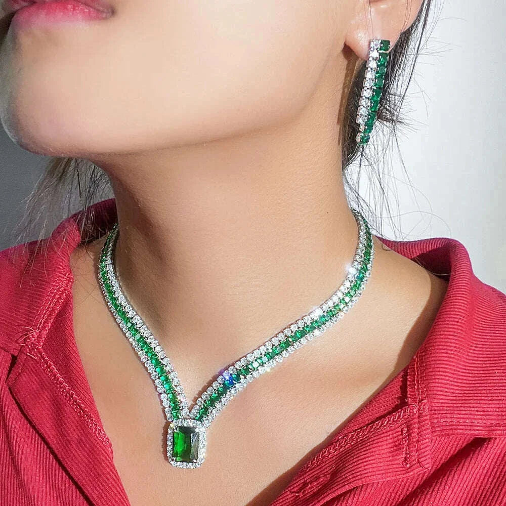 ThreeGraces Elegant Green Cubic Zirconia Big Geometric Square CZ Necklace and Earrings Luxury Party Jewelry Set for Women TZ936