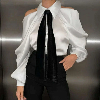 TWOTWINSTYLE Solid Loose Spliced Hollow Out Blouse for Women Lapel Long Sleeve Patchwork Single Breasted Top Female Clothing New