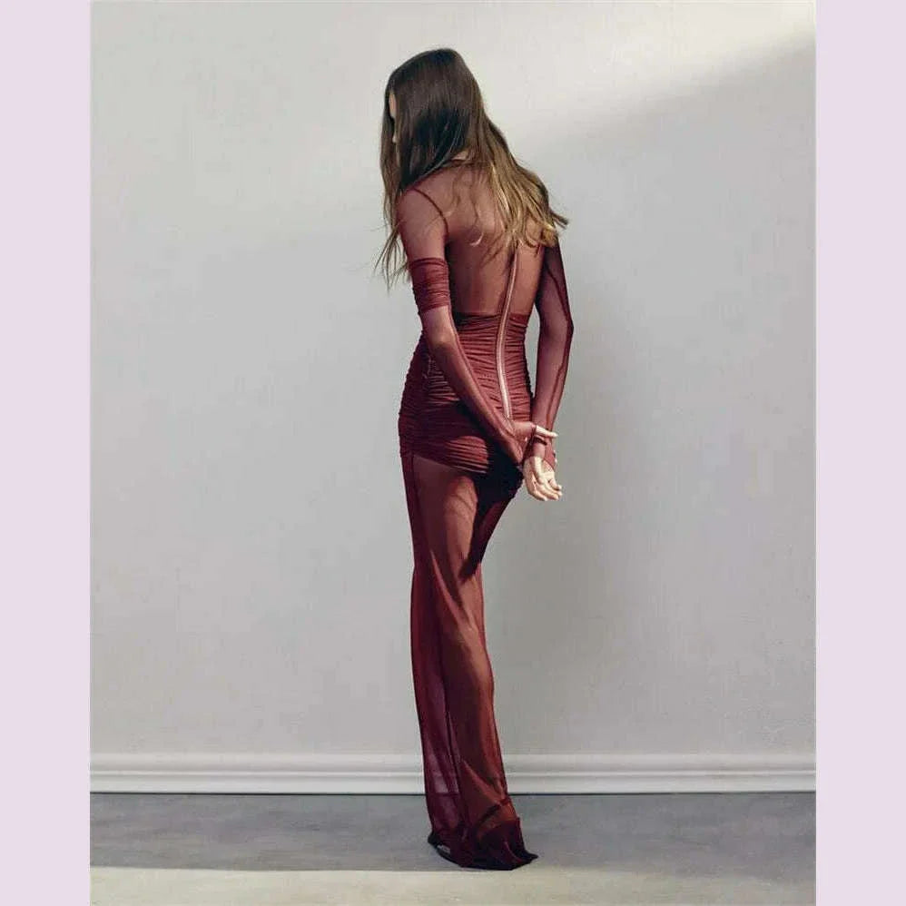 Mozision Mesh Ruched Sexy Maxi Dress For Women Fashion Zipper Patchwork See Through Long Sleeve Elegant Club Party Long Dress