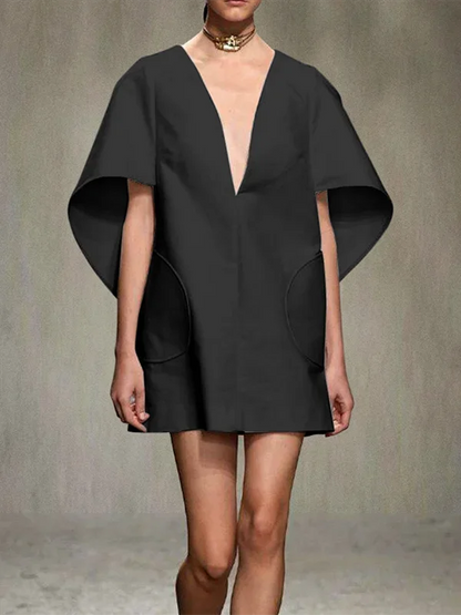 Yeezzi Fashion Black White Color Short Dress For Women 2024 New Spring Deep V-neck Half Sleeves Loose Prom Party Mini Dresses