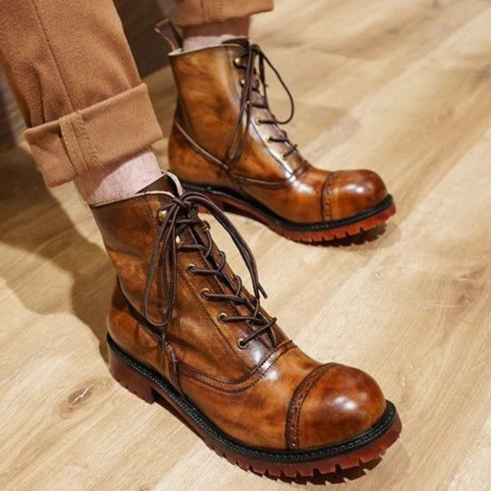 Cow Genuine Leather Motorcycle Boots Brogue Shoes Retro High Big Head Chelsea Men's Boots Ankle Boots For Men Brown