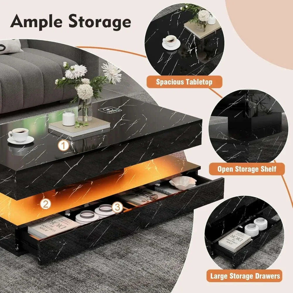 47" Modern LED Coffee Table with 2 Drawers, High Glossy Double-Layer Center Table with Wireless Charging and Built-in Bluetooth