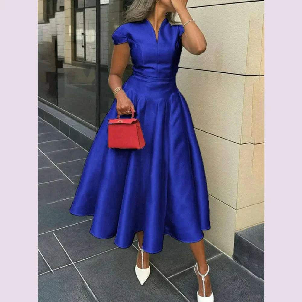 Freeacy Women's Elegant Dress V-neck Cap Sleeves Slim Fit A-line Party Dresses Solid Color High Waist Pleated Midi Dress