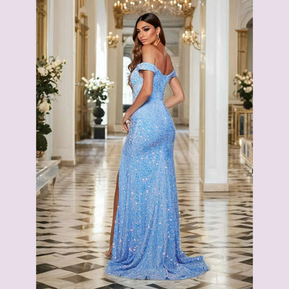Elegant Sleeveless Slash Neck Evening Slit Women Dress Sequin Backless Off Shoulder Bodycon Home Party Dresses Floor Length