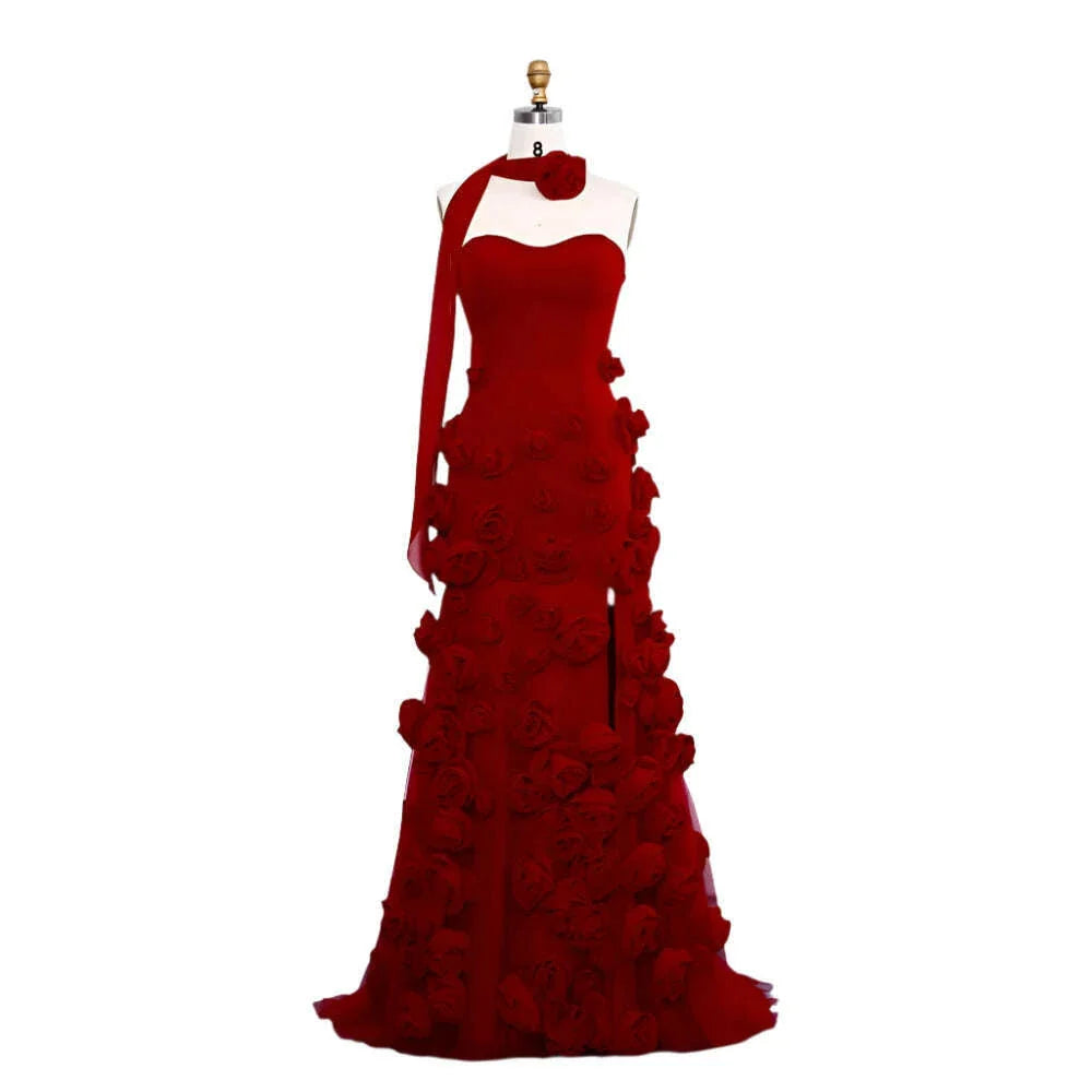 RFYR Pink Mermaid Charming Prom Dress 3D Flower Formal Gown Sleevesless Evening Gown with Side Slit vestidos de noche Customized