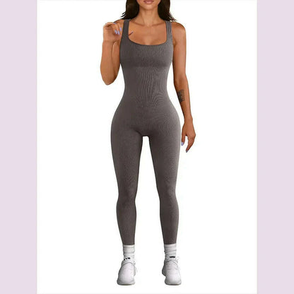 Women's Sleeveless Yoga Jumpsuit Exercise Ribbed Square Neck Vest High Waist  Fitness Sports One-piece Yoga Suit