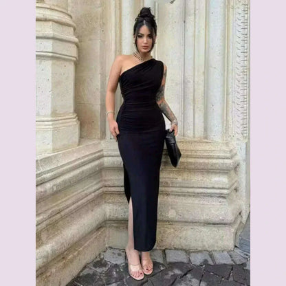 Black Maxi Dress Women Elegant Party Summer Fashion Sexy Split Sleeveless Backless Dress Off Shoulder Streetwear Club Slim Dress