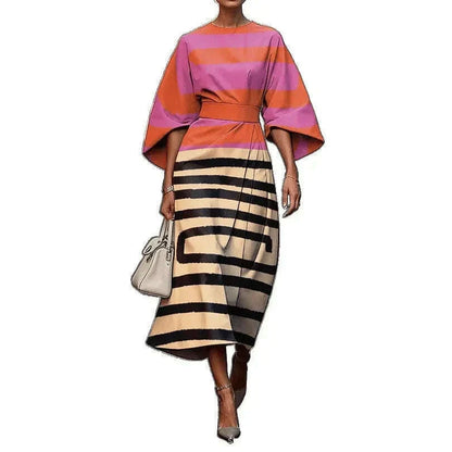 Elegant Slim Fit Long Dress with Batwing Sleeves And Rainbow Grid Pattern Ankle Length Independent Station New Arrival 2025