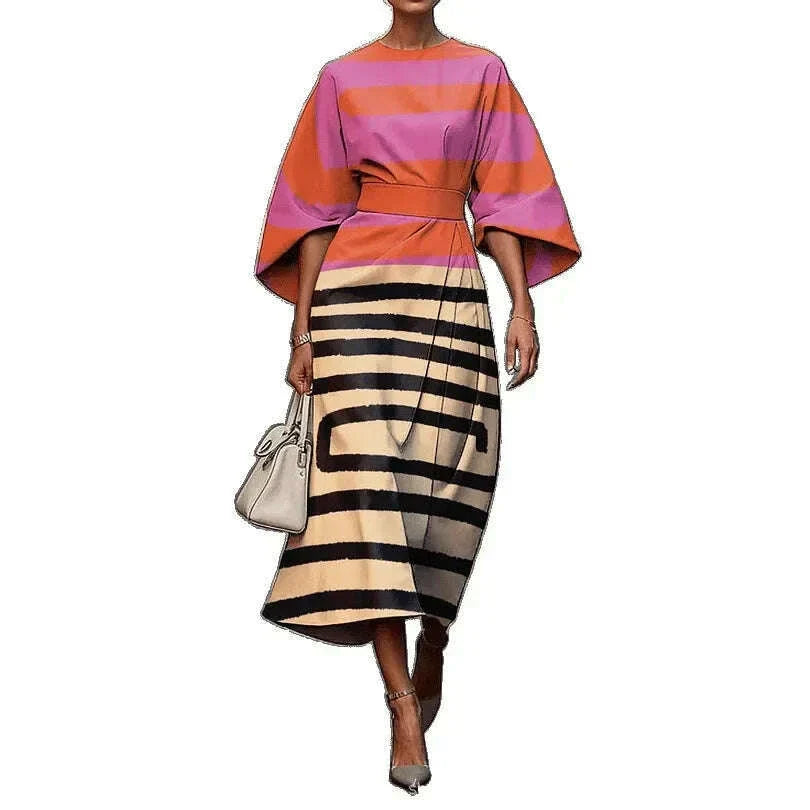 Elegant Slim Fit Long Dress with Batwing Sleeves And Rainbow Grid Pattern Ankle Length Independent Station New Arrival 2025