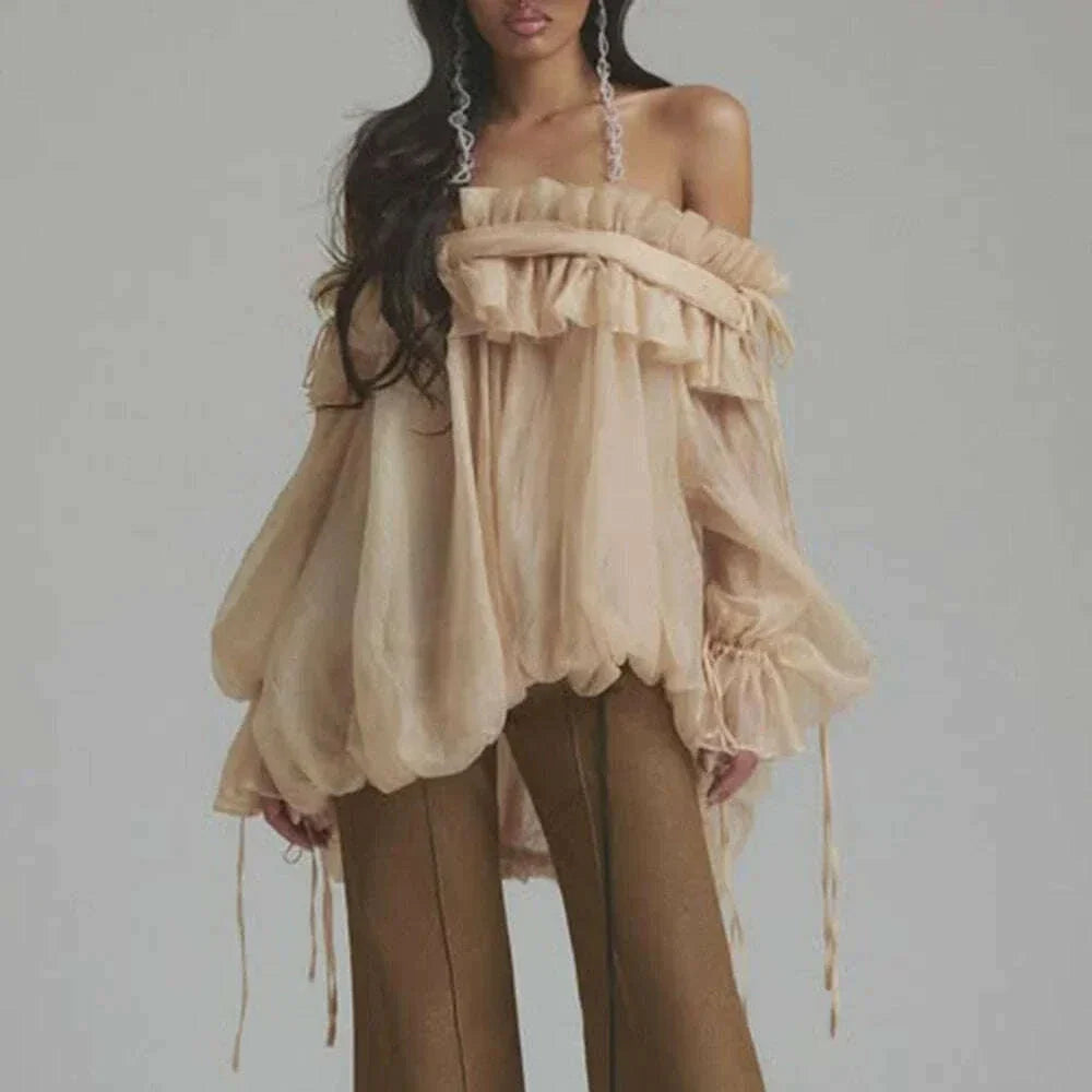 TWOTWINSTYLE Solid Loose Spliced Mesh Blouse for Women Slash Neck Long Sleeves Patchwork Folds Elegant Top Female Fashion New