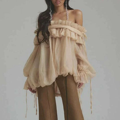 TWOTWINSTYLE Solid Loose Spliced Mesh Blouse for Women Slash Neck Long Sleeves Patchwork Folds Elegant Top Female Fashion New