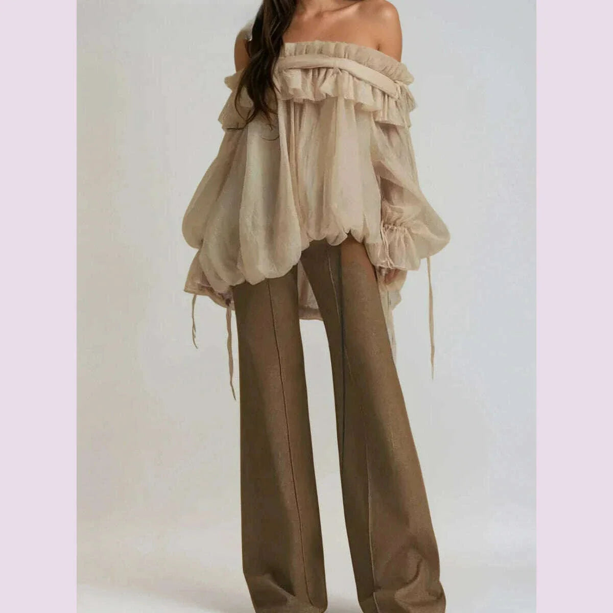 TWOTWINSTYLE Solid Loose Spliced Mesh Blouse for Women Slash Neck Long Sleeves Patchwork Folds Elegant Top Female Fashion New
