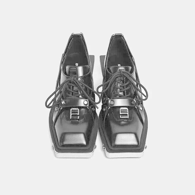 Women Shoes Spring Autumn New Metal Head Decorate Leather Loafers Women Bite Thick-soled Non-slip Square Head Wedge Men Shoes 44