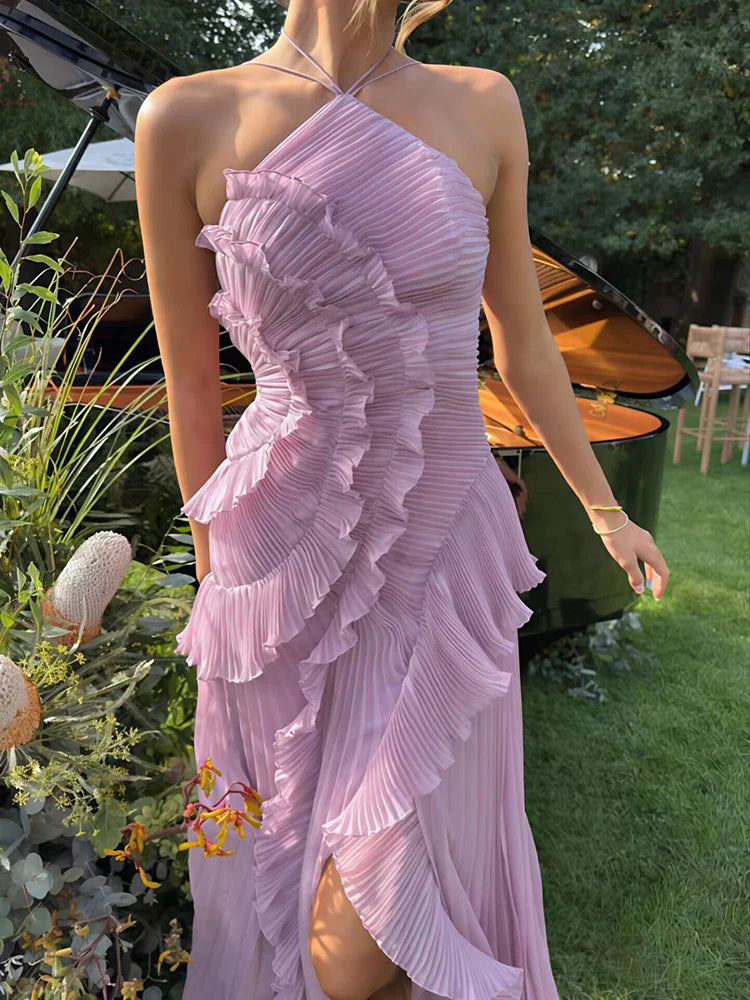 Mozision Elegant Off-shoulder Ruffle Sexy Maxi Dress Women Fashion Halter Sleeveless Backless Draped Pleated Club Party Dress