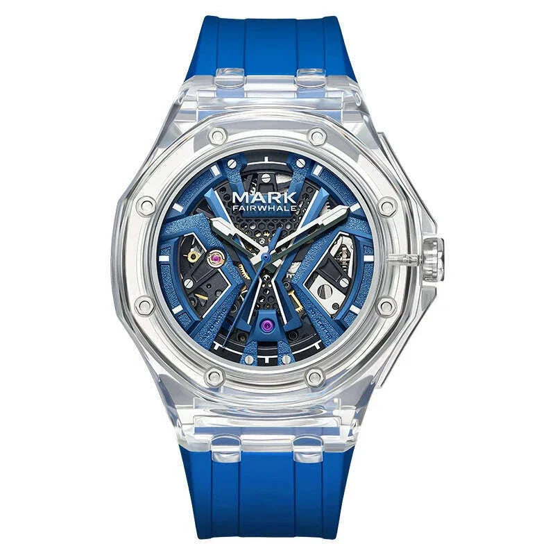 Mark Fairwhale Men's Fashion Automatic Mechanical Watch Sporty Casual Style with Transparent Case Silicone Strap Waterproof