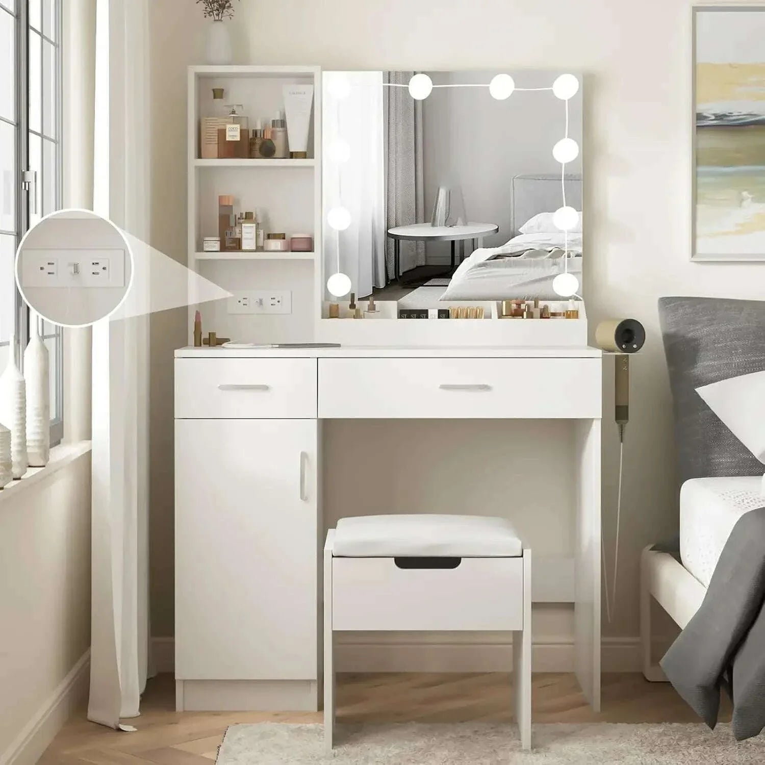 Dressing Table, Makeup Vanity Desk with Lighted Mirror & Power Strip, Black Vanity Table Set with Lights and Lots Storage
