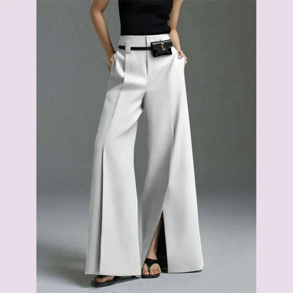 Yeezzi Urban Female Suit Pants 2024 New Fashion Black White Color Loose Straight Pant High-Waisted Pleated Split-Front Trousers