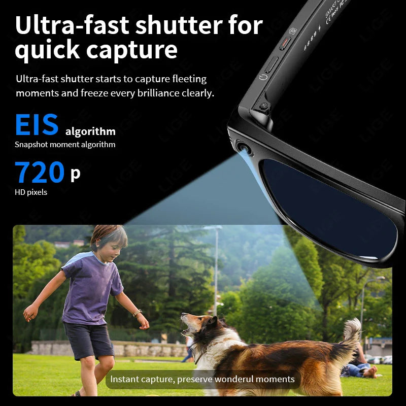 LIGE Smart Glasses 100W Pixel Camera Smart Glasses Camera Bluetooth Call Music Sunglasses AI Voice Assistant Video Sound Record