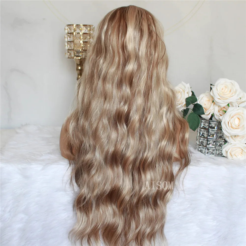 Long Wavy Synthetic Lace Front Wig Highlight Blonde Natural Wave Transparent Pre Plucked Heat Resistant Fiber Wig for Women