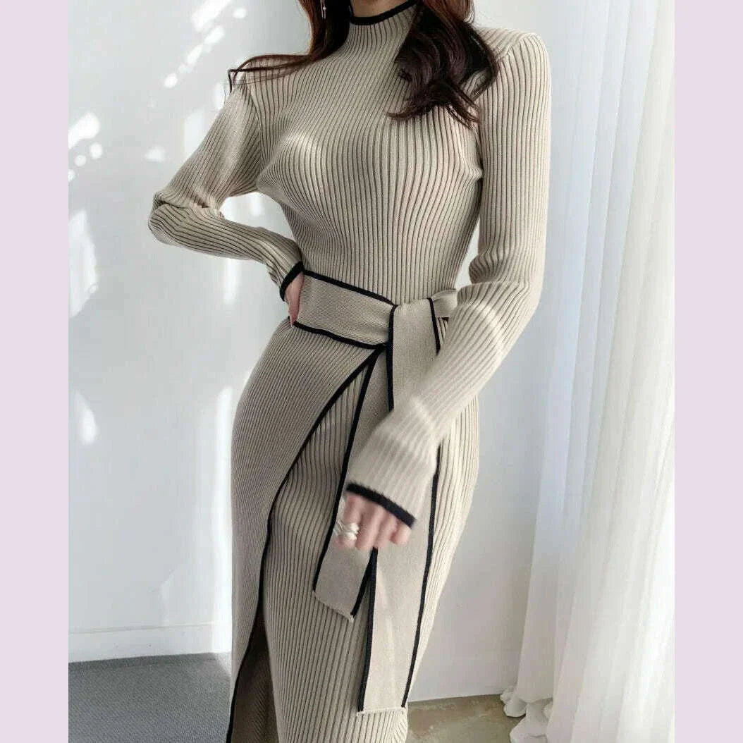 Elegant Stand Collar Contrast Bandage Long Sleeve Women Knitted Dress Autumn Korean Fashion Casual Knit Bodycondresses Vestidos