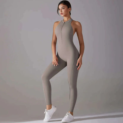 Sexy Hollow Backless Scrunch Sporty Jumpsuit Raises Butt Woman Gym Set One Piece Sport Suit Sleeveless Zip Yoga Fitness Overalls
