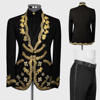 Luxury Men's Suits Tailored 2 Pieces Blazer Pants One Button Wedding Sheer Lapel Gold Appliques Diamonds Custom Made Plus Size