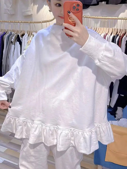 Women Clothing Oversized T Shirts Long Sleeve O-neck White Tees Sweet Ruffles Tops 2025 Ropa Mujer Casual Fashion Y2k Tshirt