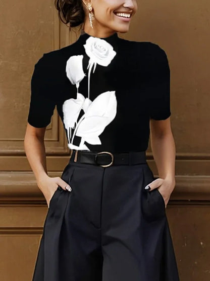 Yeezzi Women's Flower Printed Stand Collar Skinny Tops 2025 New Half Sleeves Urban Casual Office Trendy Black Basics T-Shirts