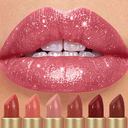 6 Colors Diamond Pearlescent Lipstick Glitter Shiny Metallic Lipstick Lip Tint Long Lasting Nude Shimmer Shiny Lip Gloss Makeup