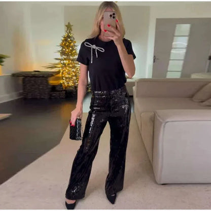 Street Sequin Pants Women Loose High Waist Wide Legs Shiny Trousers Female 2025 Spring Fashion Straight Chic Streetwears Lady