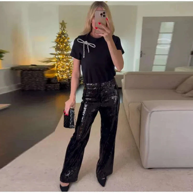 Street Sequin Pants Women Loose High Waist Wide Legs Shiny Trousers Female 2025 Spring Fashion Straight Chic Streetwears Lady
