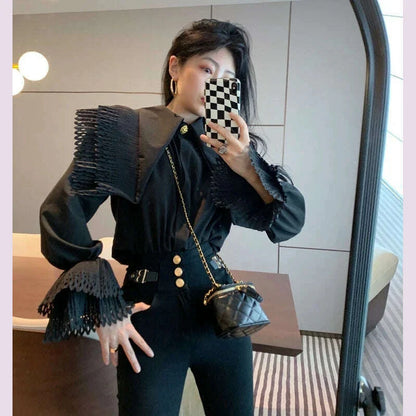 KUSAHIKI Korean Niche Flared Sleeves Turn-down Collar Shirt Fashion Women Slim Elegant Blouse Tops 2024 Spring New Tops Camisas