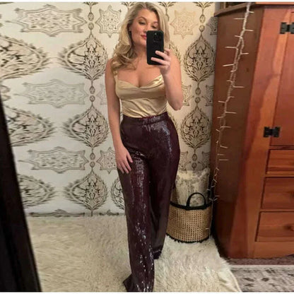 Street Sequin Pants Women Loose High Waist Wide Legs Shiny Trousers Female 2025 Spring Fashion Straight Chic Streetwears Lady
