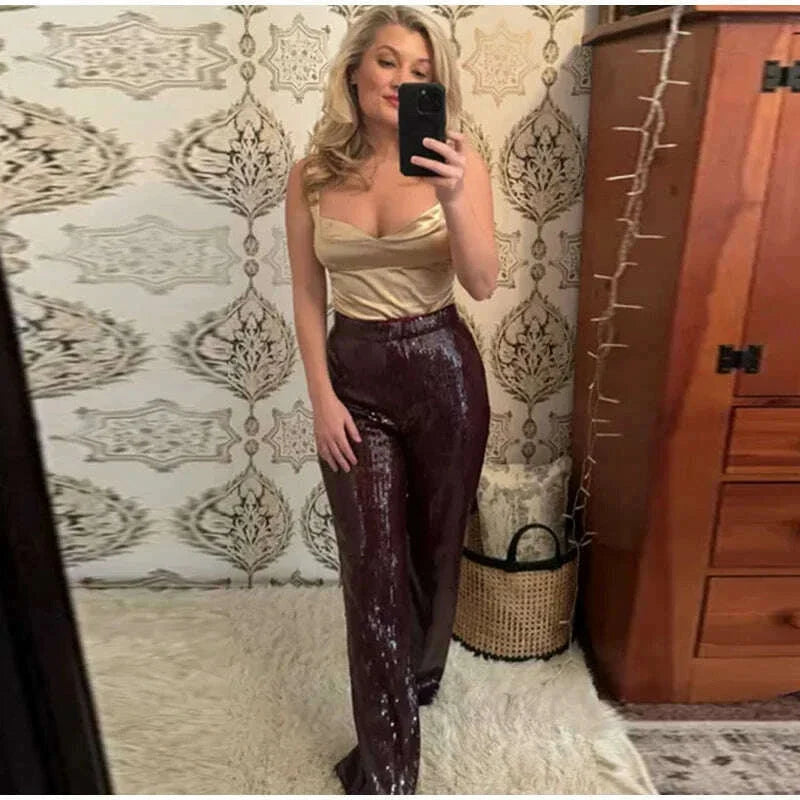 Street Sequin Pants Women Loose High Waist Wide Legs Shiny Trousers Female 2025 Spring Fashion Straight Chic Streetwears Lady