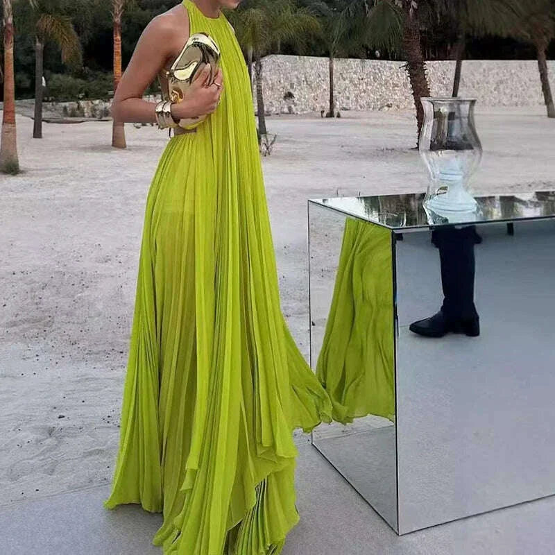 Elegant O-neck Sleeveless & Long Skirt Set Sexy Backless Hollow Out Solid Loose 2Pc Suits Women Fashion Pleated Holiday Outfits